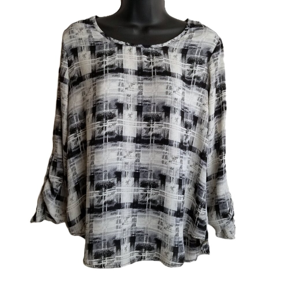 Black White Brushstroke Plaid Blouse Womens Small Le Lis Made in USA Flowy